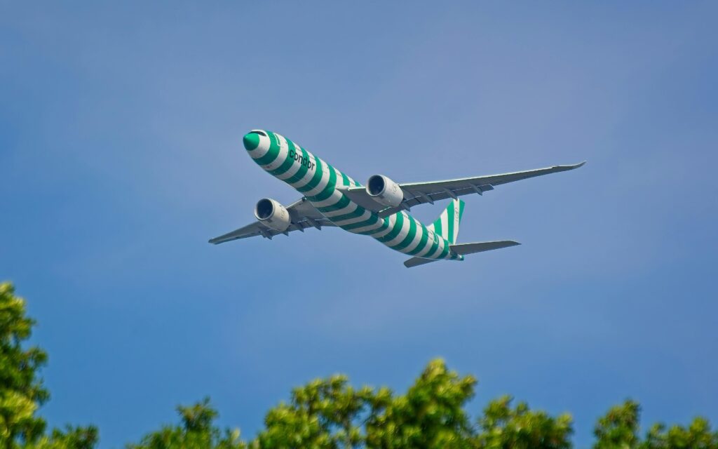 Condor aircraft flying over trees against blue sky in New York City.